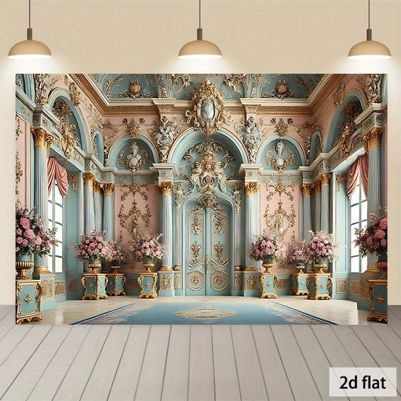Luxury Rococo Palace Interior Backdrop Elegant European Architecture Photography Background Blue Pink Baroque Palace Birthday Party Decorations Banner Supplies Photo Booth Props