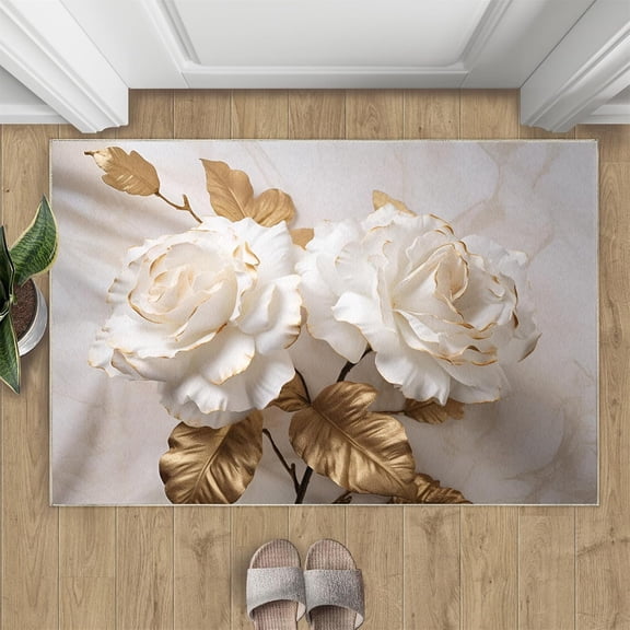 Luxury Rose Area Rugs for Entryway - White and Gold Floral Area Rug, 2x3 Rug, Gold Leaves Washable Non Slip Rugs, Marble Texture Carpet, Aesthetics Carpet - Rose Home Decor Gifts for Women