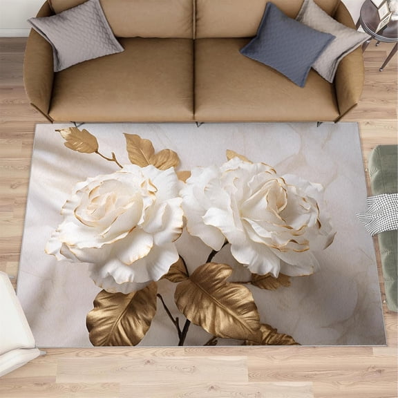 Luxury Rose Area Rugs for Living Room - White and Gold Floral Area Rug, 4x6 Rug, Gold Leaves Washable Non Slip Rugs, Marble Texture Carpet, Aesthetics Carpet - Rose Home Decor Gifts for Women