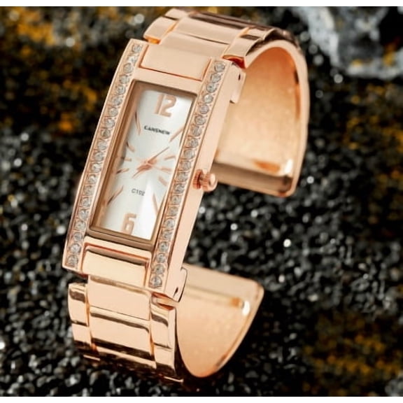 Luxury Rose Gold Crystal Bracelet Watch for Women Rectangular Dial Bracelet Watch Crystal-Accented Bangle Watch for Glamour