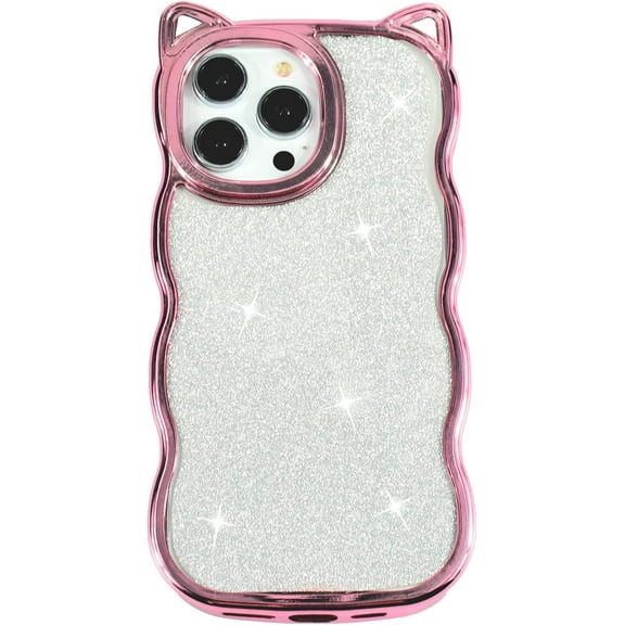 Luxury Rose Gold Plating Case for iPhone 14 Pro Women Girls Sparkle Case, Cute Case for iPhone 14 Pro with Glitter Paperboard and Curly Wave Frame, Kawaii Kitty Ear Design