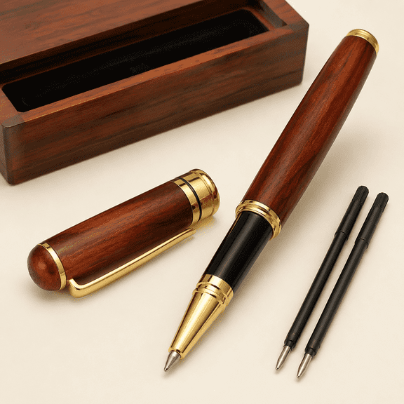 Luxury Rosewood Ballpoint Pen Writing Set - Extra 2 Black Refills | Elegant Fancy Nice Gift Wood Pen Set for Signature Executive Business Journaling