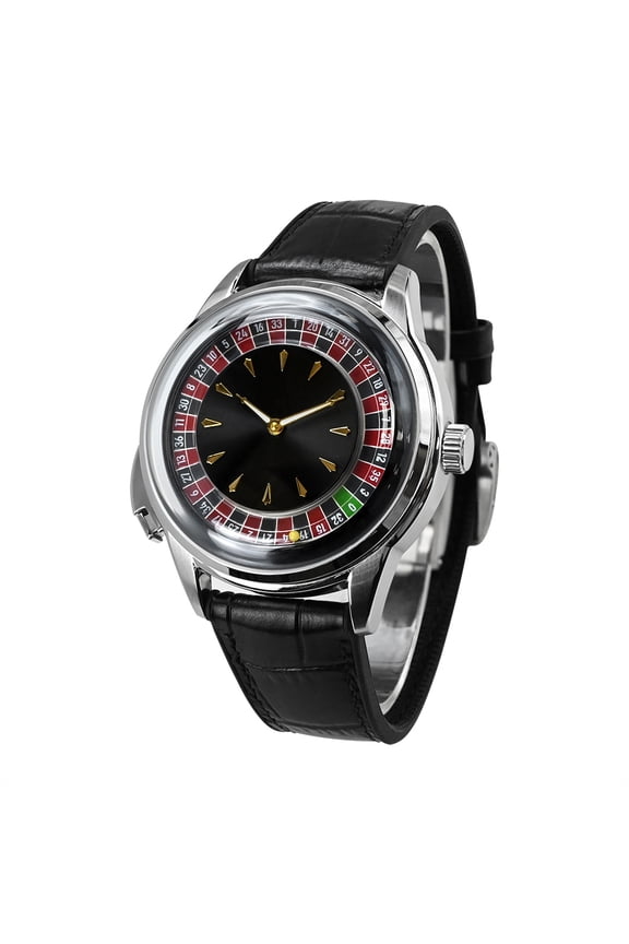 Luxury Roulette Wheel Dial Mechanical Watch, Hollow Design Leather Band Daily Casino Wristwatch
