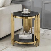 Modern Round End Table - 18" 2-Tier Black Tempered Glass Side Table with Luxury Gold Stainless Steel Legs for Living Room, Bedroom, Office