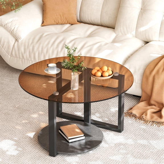 Luxury Round Accent Coffee Center Table Simple Living Room Bedroom End Side Table Decorative w/ Metla Frame, 31.5x31.5inch