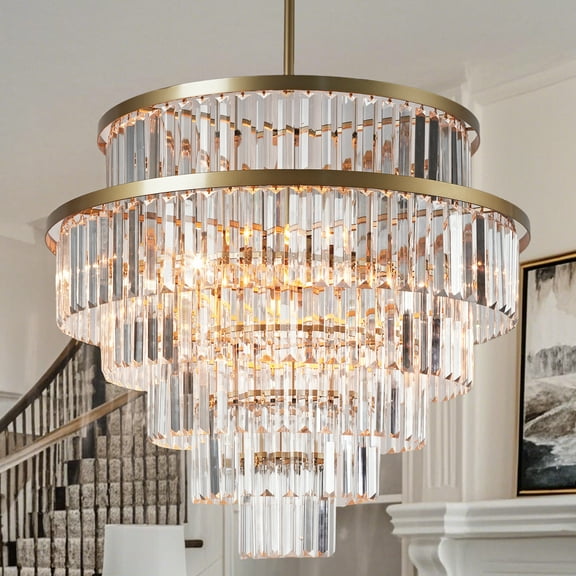 Luxury Round Antique Brass Crystal 26 Inch Chandelier, Unique Elegant Ceiling Lamp, Hand-polished Ceiling Mounted Light, Ceiling Light for Living Room, Dining Room