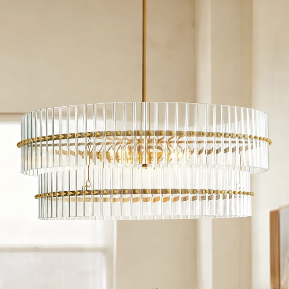 Luxury Round Antique Brass Metal with Tube Crystal 29 Inch Chandelier, Unique Elegant Ceiling Lamp, Hand-polished Ceiling Light, Ceiling Mounted Light for Living Room, Dining Room