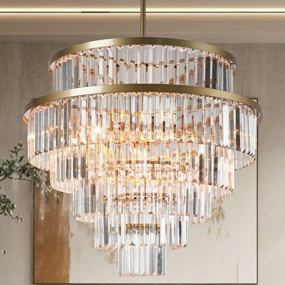 Luxury Round Clear Faceted Crystal 26 Inch 6-Tier Chandelier with Brass Metal, Hand-Polished Ceiling Light, Elegant Design Ceiling Lamp for Living Room, Indoor
