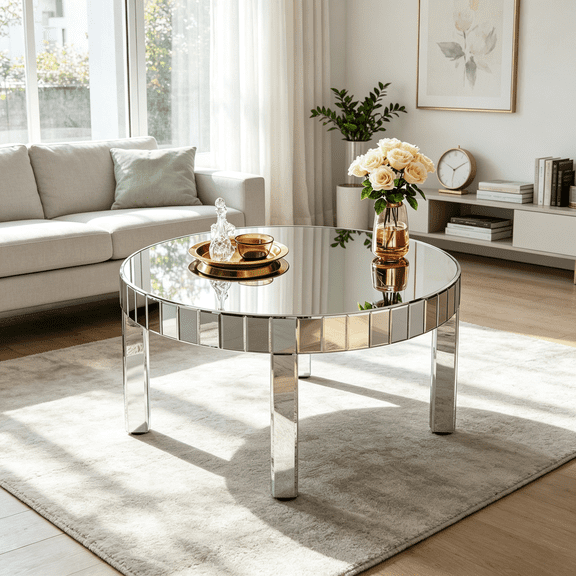 Luxury Round Coffee Table with Diamond Mirror Tiles, Silver Sofa Table for Modern Living Room, Art Deco Center Table