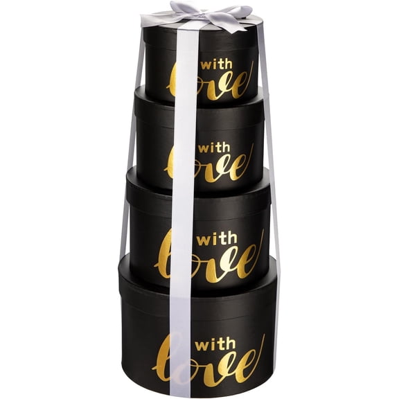Luxury Round Nested Boxes with (Set of 4) - Sturdy Cardboard Box Set for Birthdays, Weddings, Anniversaries, Christmas, and Valentine's Day - Black &