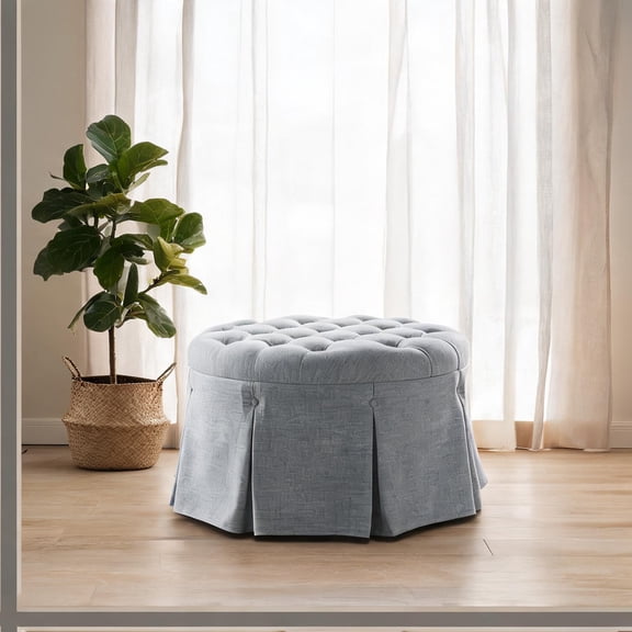 Luxury Round Ottoman, Soft Gray Tufted Skirted 32-Inch Upholstered for Indoor Use