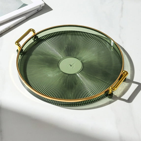 Luxury Round Serving Tray with Gold Handles Rim Border,11.6Inch Striple Plastic Serving Platters,Cosmetics Organizer for Fruit,Dessert Plate-Green