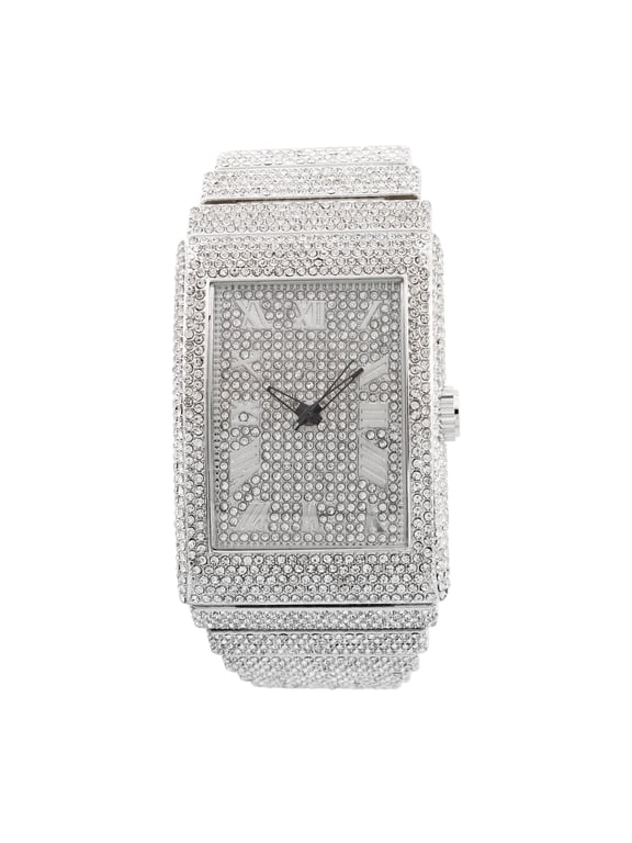 Luxury Round watch or Bling-ed Out Baguette-Cut Rectangular Watch with Crystal Diamond watch Pave Design (ST10602 Silver)