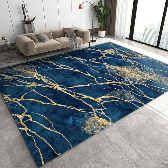Luxury Royal Blue Rugs for Dinning Room, Blue Gold Marble Cracked Texture Home Decor Carpets, Modern Area Rug 5' x 8' Rugs for Bedroom Living Room Washable Throw Rugs
