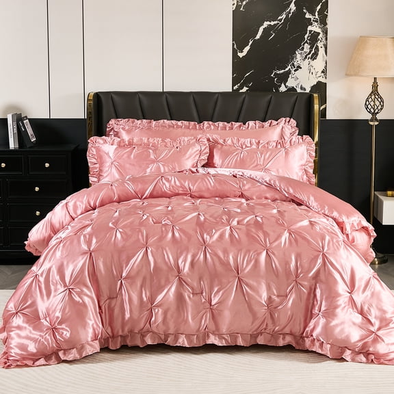 Luxury Ruffled Satin Comforter Set Queen Size Pinch Pleat Bedding Set Silk Like Satin Ruffle Comforter Set King Size Satin Bedding Set 4 Pcs 1 Satin Pinch Pleat Comforter 2 Pillowcases 1 Satin Body P