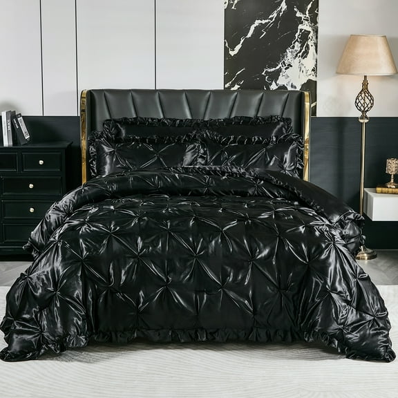 Luxury Ruffled Satin Comforter Set Queen Size Pinch Pleat Bedding Set Silk Like Satin Ruffle Comforter Set King Size Satin Bedding Set 4 Pcs 1 Satin Pinch Pleat Comforter 2 Pillowcases 1 Satin Body P