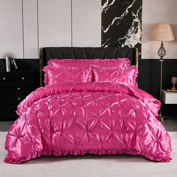 Hot Pink Satin Comforter Set Queen Size Pinch Pleat Bedding Set Silk Like Satin Ruffle Comforter Set King Size Satin Bedding Set 4 Pcs 1 Satin Pinch Pleat Comforter 2 Pillowcases 1 Satin Body P