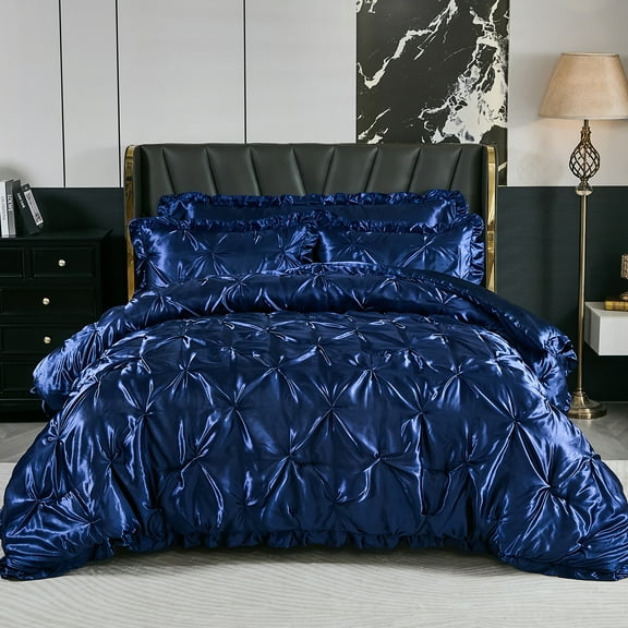 Luxury Ruffled Satin Comforter Set Queen Size Pinch Pleat Bedding Set Silk Like Satin Ruffle Comforter Set King Size Satin Bedding Set 4 Pcs 1 Satin Pinch Pleat Comforter 2 Pillowcases 1 Satin Body P