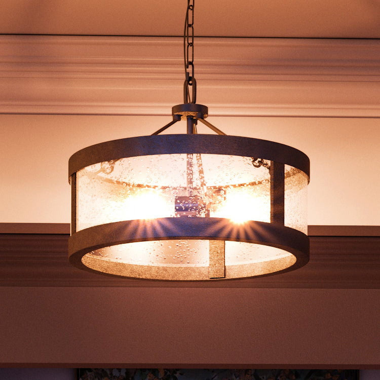 Luxury Rustic Indoor Ceiling Light, 12''H x 17.75''W, with Industrial Style Elements, Tuscan Design, Charcoal Finish and Glass, UHP2890