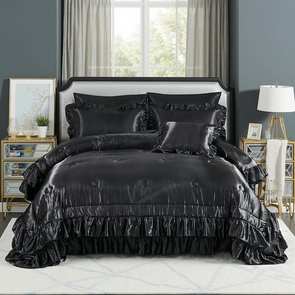 Luxury Satin Bed Set,Satin Ruffle Bedding Set,Satin Comforter with Sheets,Queen/King Size Bed in a Bag 8 Pcs,Silk Like Satin Luxury Silky Bed Set for All Seasons 1 Satin Comforter 4 Pillowcases 1 Fla
