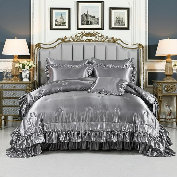 Luxury Satin Bed Set,Satin Ruffle Bedding Set,Satin Comforter with Sheets,Queen/King Size Bed in a Bag 8 Pcs,Silk Like Satin Luxury Silky Bed Set for All Seasons 1 Satin Comforter 4 Pillowcases 1 Fla