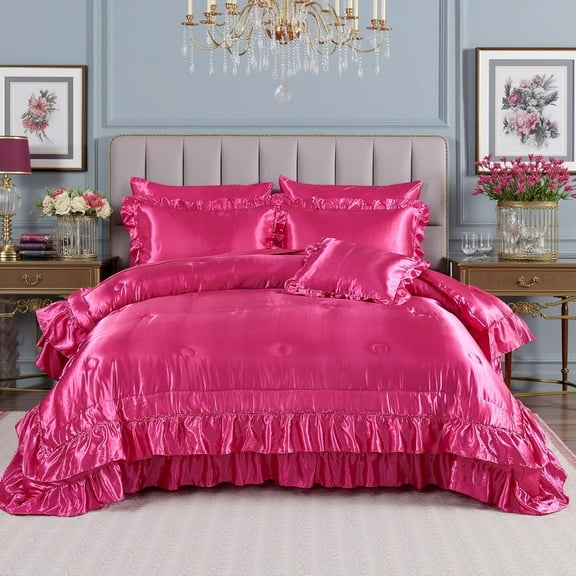 Luxury Satin Bed Set,Satin Ruffle Bedding Set,Satin Comforter with Sheets,Queen/King Size Bed in a Bag 8 Pcs,Silk Like Satin Luxury Silky Bed Set for All Seasons 1 Satin Comforter 4 Pillowcases 1 Fla