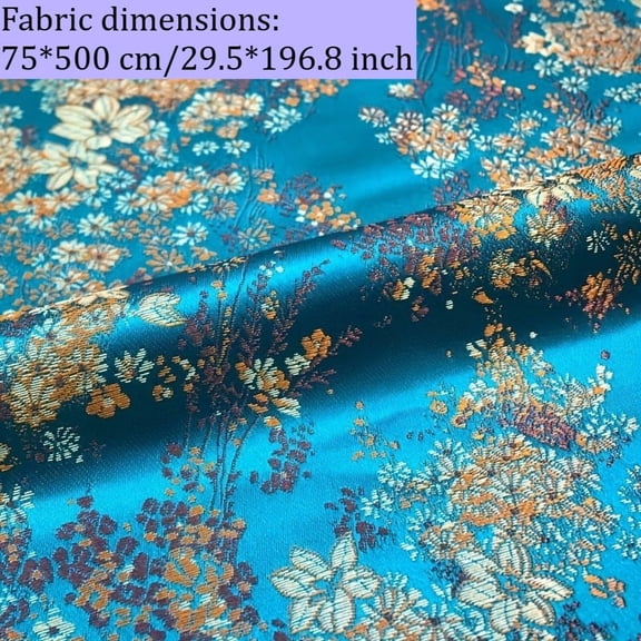 Luxury Satin Brocade Fabric 5.4 Yards, Lake Blue Gold Floral Jacquard Fabric 29.5 Inch Wide Heavyweight Polyester Cloth for Dress Sewing Costumes Home Decor DIY Craft Material