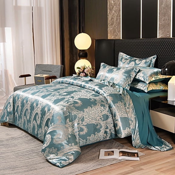 Luxury Satin Jacquard Bedding Set - 3/4 Piece Comforter Set with Elegant Woven Pattern for Bedroom Decor, Soft & Breathable Bedding for Adults, Compatible with Standard Bed Sizes
