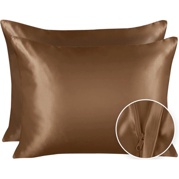 Luxury Satin Pillowcase for Hair and Skin Queen Satin Pillowcase with Zipper, Camel (2 per Pack) - Blissford