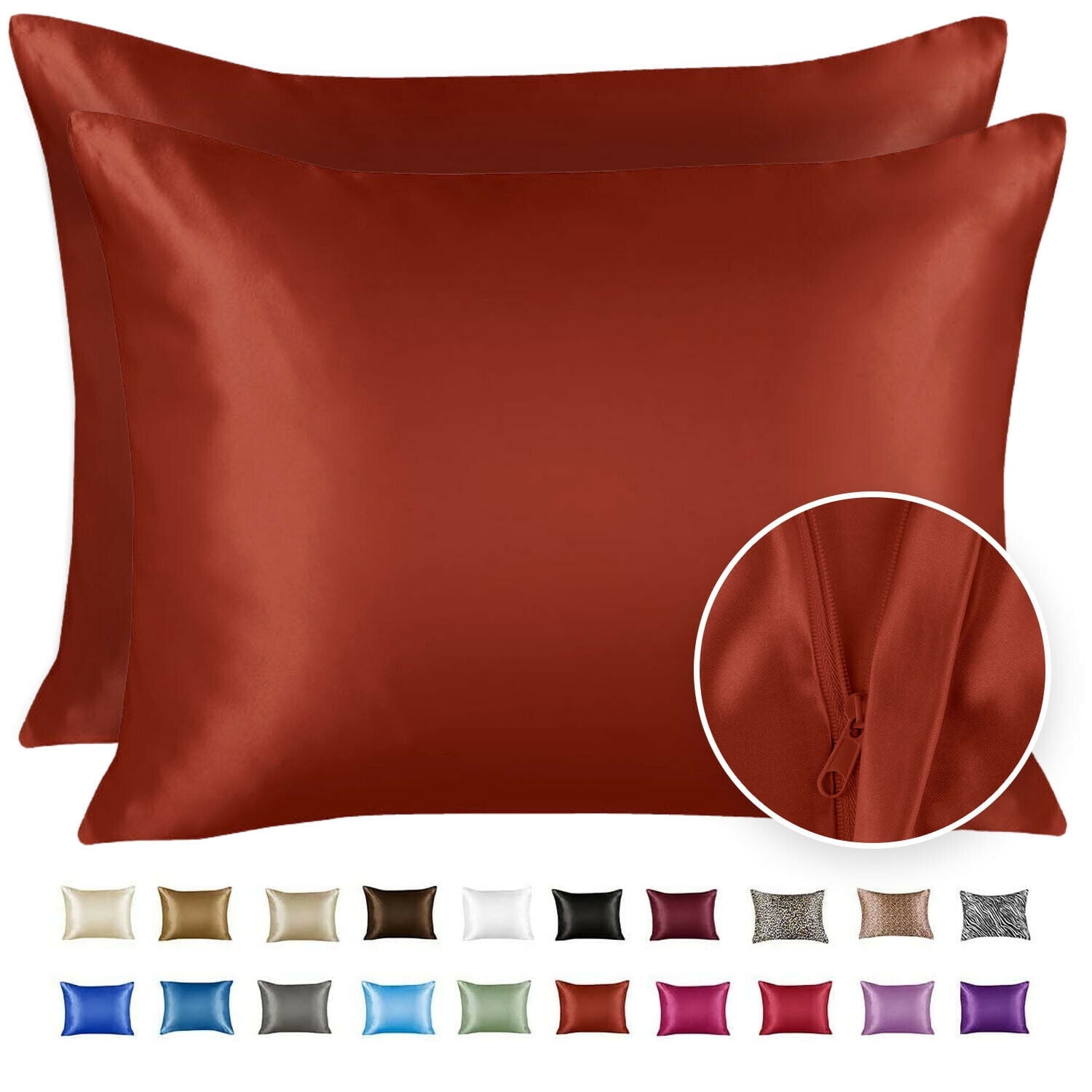 Rust Satin Silk Standard Pillowcase Set with Zipper Closure