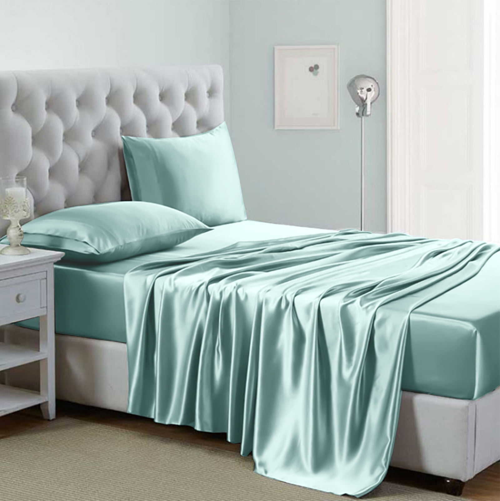 Luxury Satin Sheets Set Full Size Aqua, 4-Piece Bedding Sets with Deep ...