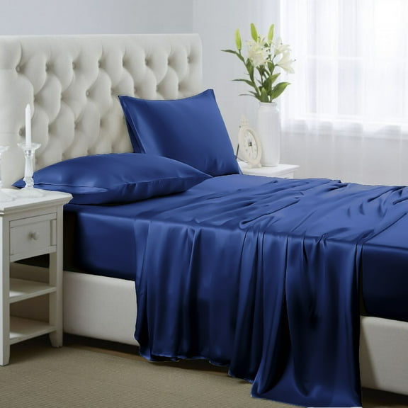 Luxury Satin Sheets Set Full Size Navy Blue, 4-Piece Bedding Sets with Deep Pockets - Soft and Smooth Satin Bed Sheets for Ultra Comfort and Elegance