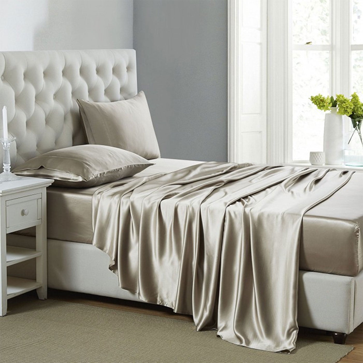 Luxury Satin Sheets Set Full Size Taupe, 4-Piece Bedding Sets with Deep ...