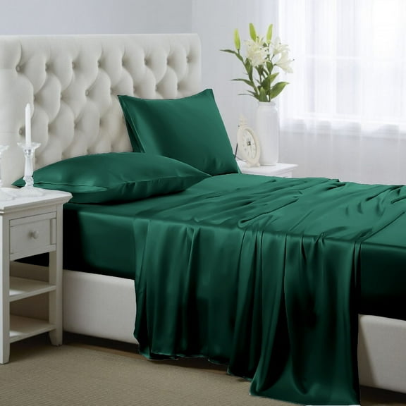 Luxury Satin Sheets Set Twin Size Blackish Green, 3-Piece Bedding Sets with Deep Pockets - Soft and Smooth Satin Bed Sheets for Ultra Comfort and Elegance