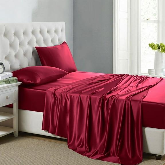 Luxury Satin Sheets Set Twin Size Burgundy, 3-Pieces Bedding Sets with Deep Pockets - Soft and Smooth Satin Bed Sheets for Ultra Comfort and Elegance