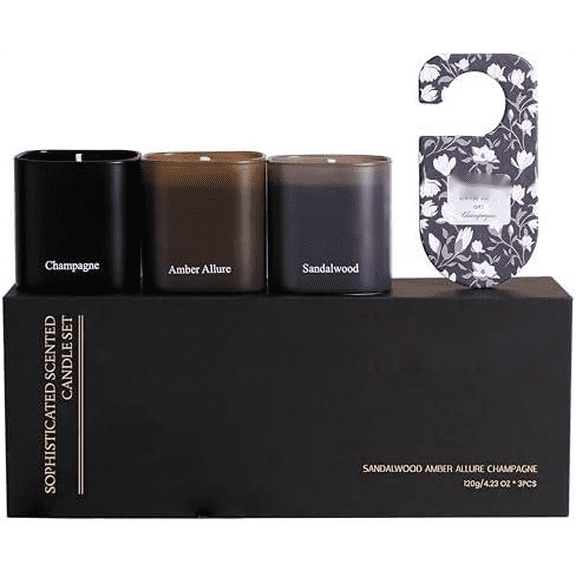 Luxury Scented Candle Set 3-Pack | Home Decor & Giftable Soy Candles | Champagne, Sandalwood & Amber | 75h Burn Time | Cotton Wick | Elegant Decorative Jars$$Home Decor, Kitchen, & Other