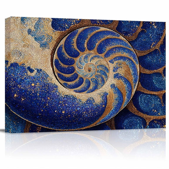 Luxury Seashell Canvas Print Wall Art Abstract Blue Gold Mosaic Ocean Pictures Painting Morden Artwork for Living Room Bedroom, Ready to Hang - 12"x16"