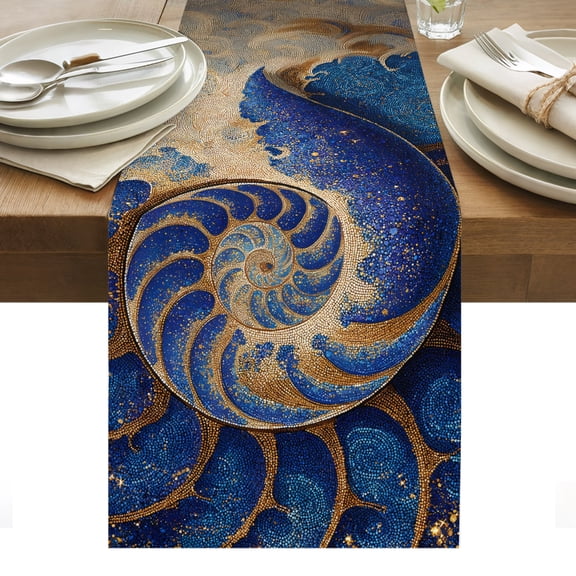 Luxury Seashell Cotton Linen Table Runner Abstract Blue Gold Mosaic Ocean Dining Table Runners for Home Decor Party Dining Room Restaurant Kitchen Party 13" x 36"