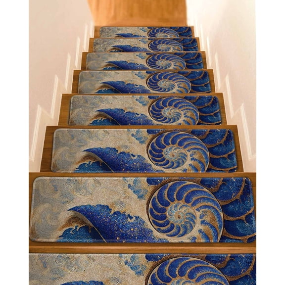 Luxury Seashell Stair Treads Abstract Blue Gold Mosaic Ocean Indoor Non Slip Peel and Stick Stair Treads for Wooden Steps 7 PCS, Soft Adhesive Staircase Mats Runner Rugs 8"x30"