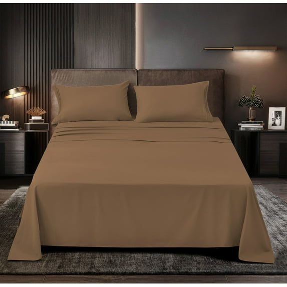 Luxury Series Rayon Made from Bamboo Sheet Set - Wrinkle Free -Softer than Cotton- Deep Pockets - 4 Piece - 1 Fitted Sheet, 1 Flat, 2 Pillowcases King, Brown