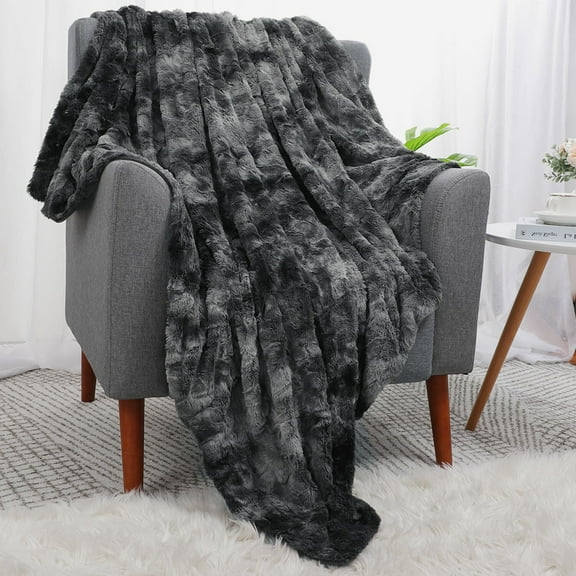 Luxury Shaggy Faux Fur Blanket Soft and Fluffy Plush Throw Blankets for Couch Bed and Living Room Dark Gray 50" *60"