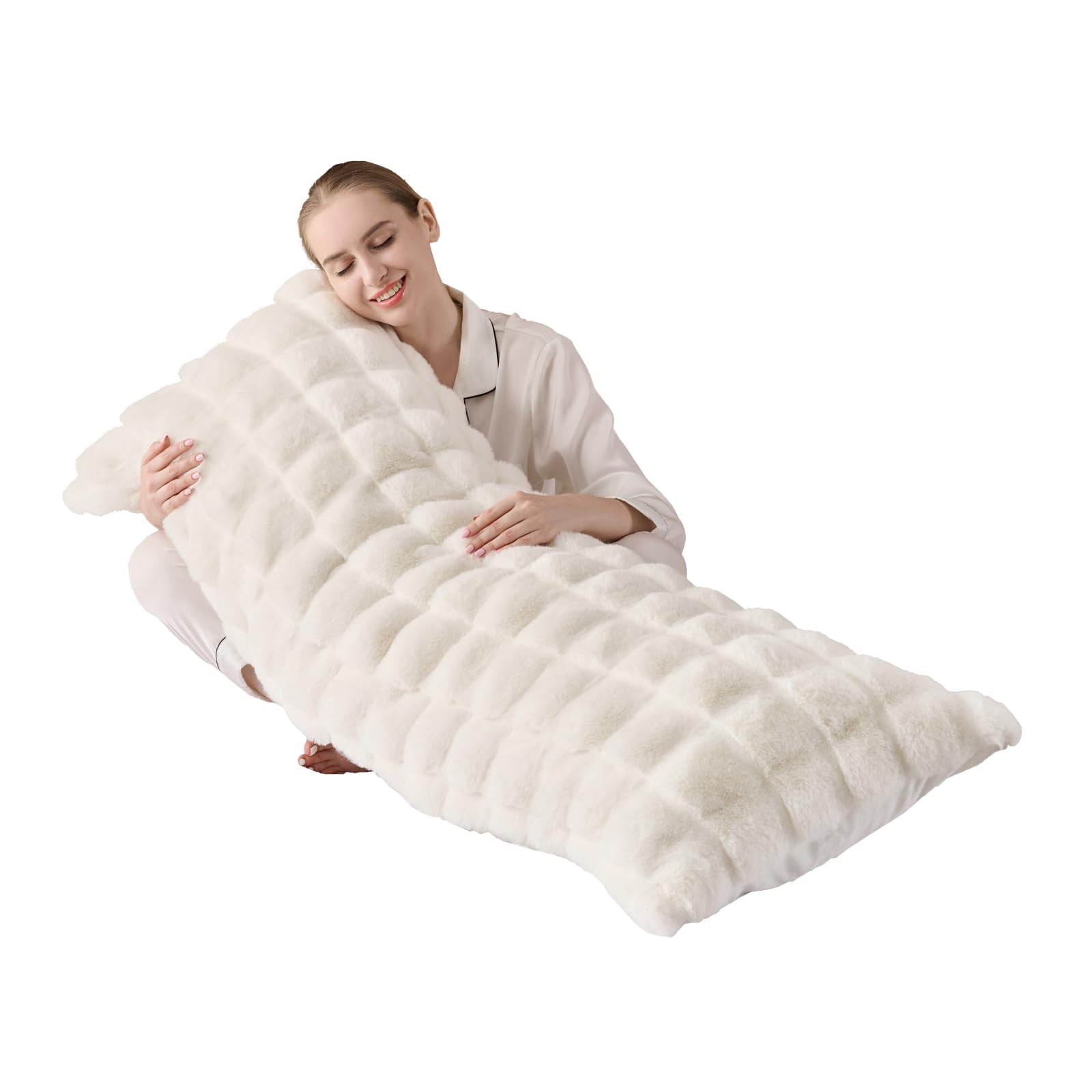 Luxury Shaggy Faux Fur Body Pillow,Fluffy Bed Pillow with Zipper Closure,Soft Decorative Plush Full Long Pillows,Fuzzy Hug Pillow for Living Room Side Sleeper & Pregnancy 20"x54" Sage Green Grid Prin