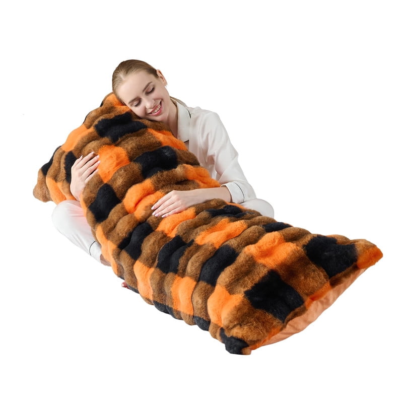 Luxury Shaggy Faux Fur Body Pillow,Soft Decorative Plush Full Long Pillow,Fuzzy Hug Pillow for Home Living Room Side Sleeper & Pregnancy 20"x54" Orange-Black Grid Print
