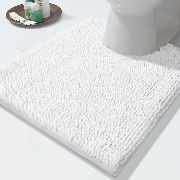 Luxury Shaggy Toilet Bath Mat U-Shaped Contour Rugs for Bathroom, 24.4 X 20.4 Inches, Soft and Comfortable, Maximum Absorbent, Dry Quickly, Non-Slip, Machine-Washable,Bright White