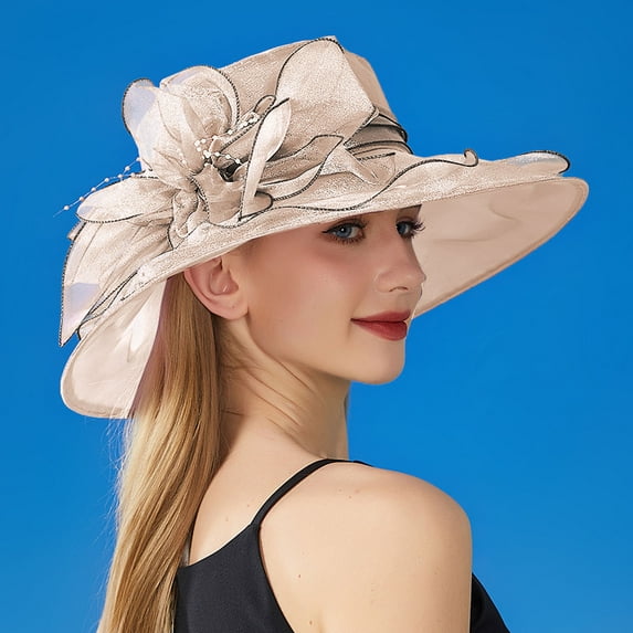 Luxury Sheer Fabric Sun Hat | Embellished Wide Brim Hat for Weddings, Garden Parties & Photos Clearance, Yubnlvae Women's Solid Color Big Flower English Lady , Pink, One Size