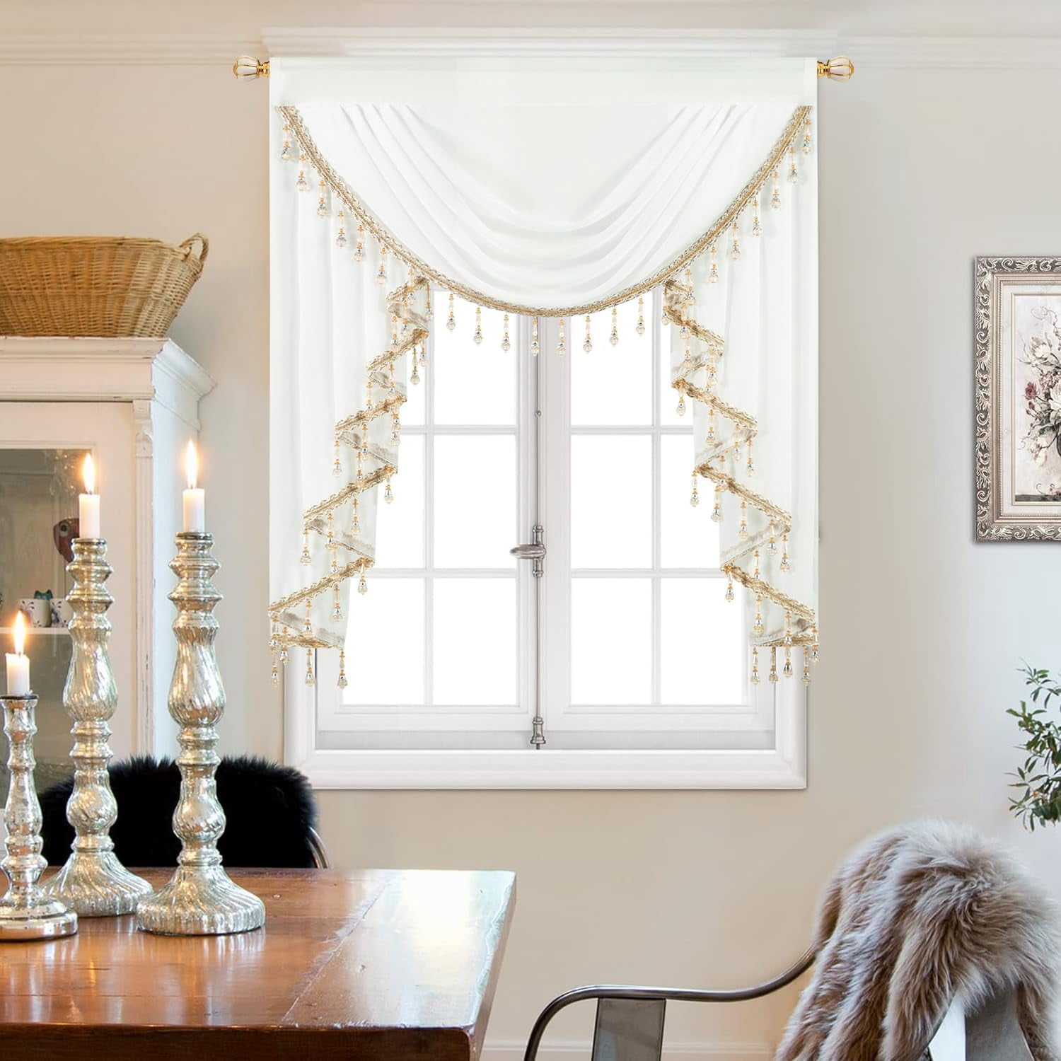 Luxury Sheer Valance with Beaded Tassels - Vintage White Waterfall Swag Window Curtain for Bedroom & Living Room, Decorative Short Drapes, 39 Inches Wide, 1 Panel