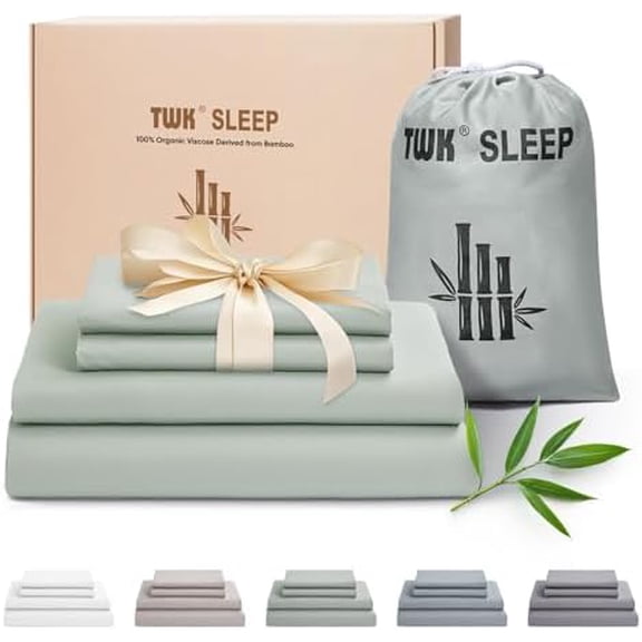 Luxury Sheet Set, Genuine 100% Organic Viscose Derived from Bamboo, Cooling & Breathable, Silky Soft, Bedding Sheets & Pillowcases (Sea Glass, Full)$$Bedding