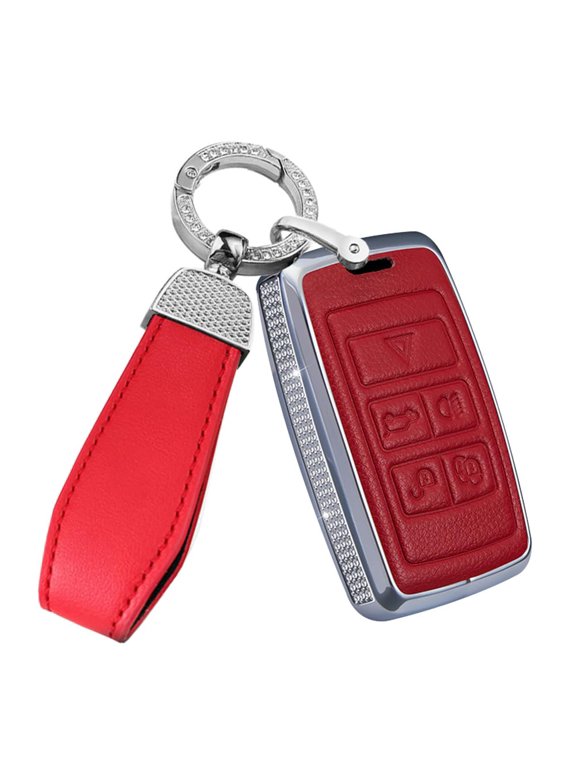 Luxury Shiny Leather Key Case with Elegant Key Ring for Land Rover Defender 2023 Freelander2 Discovery Range Rover Evoque Vogue and Jaguar XE XF Models Premium Bling Remote Fob Cover