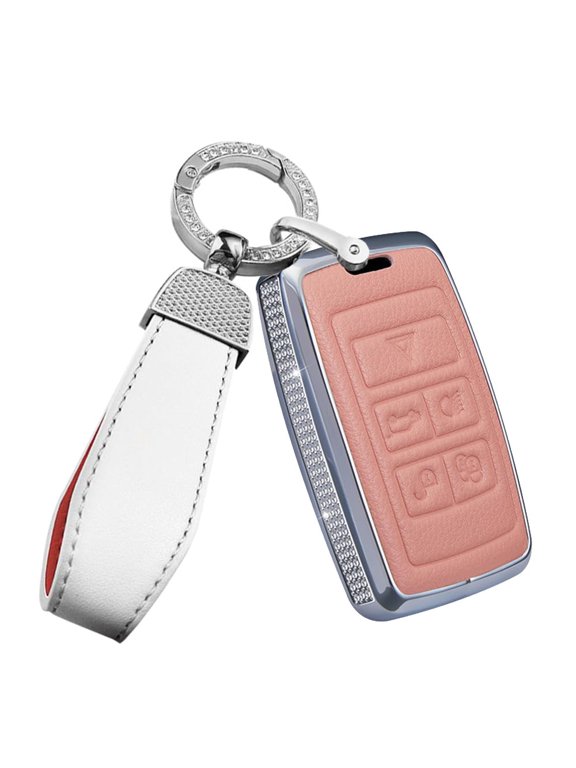 Luxury Shiny Leather Key Cover with Attached Key Ring for Land Rover Defender 2023 Freelander2 Discovery Range Rover Evoque Vogue and Jaguar XE XF Models Stylish Remote Fob Protector Case