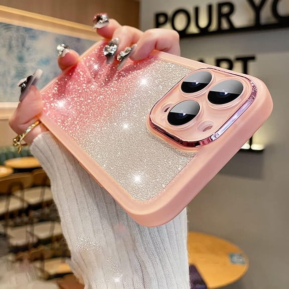Luxury Shockproof Glitter Clear Soft Phone Case for iPhone 14 11 13 12 Pro Max X XS 7 8 Plus Lens Camera Protector Transparent Cover (Pink,for iPhone 11)